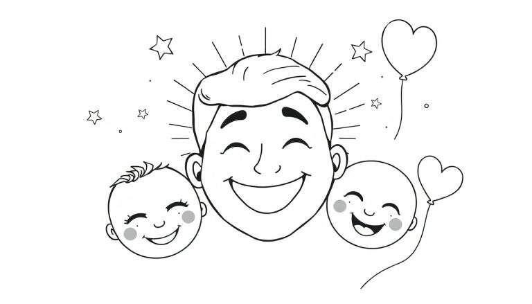 Un homme souriant entouré de deux bébés souriants, tous tenant des ballons en forme de cœur, dans un dessin au trait prêt à être coloré.