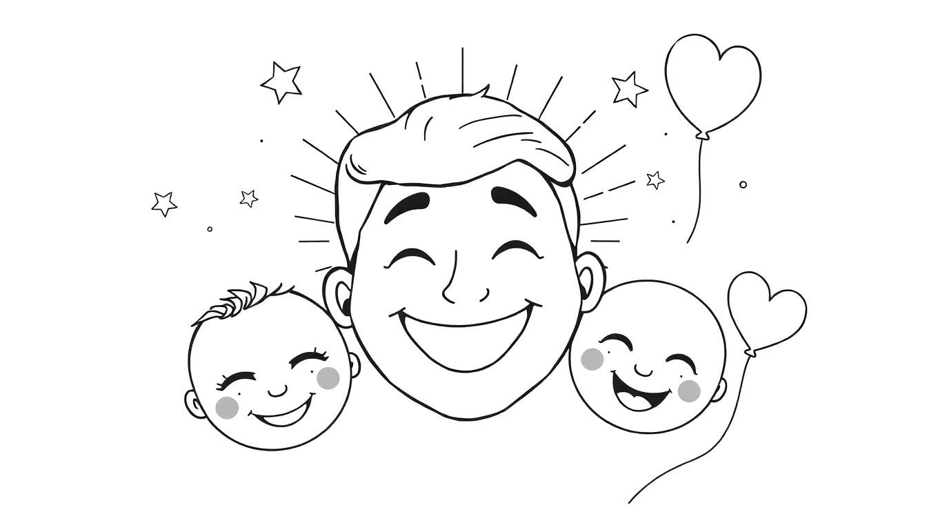 Un homme souriant entouré de deux bébés souriants, tous tenant des ballons en forme de cœur, dans un dessin au trait prêt à être coloré.