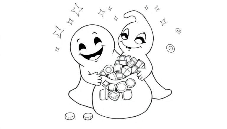 Deux fantômes souriants avec un sac de bonbons et des étoiles, dessin au trait en noir et blanc, un color panel joyeux.