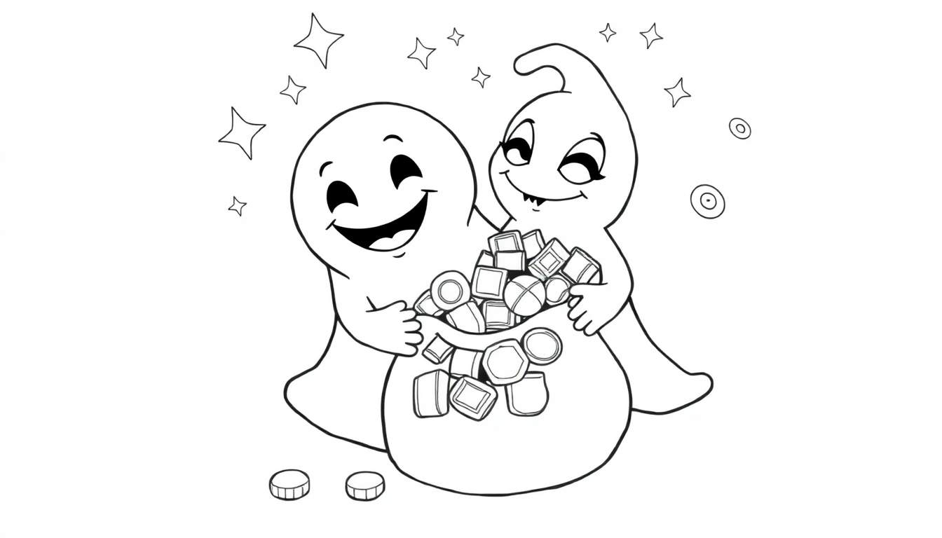 Deux fantômes souriants avec un sac de bonbons et des étoiles, dessin au trait en noir et blanc, un color panel joyeux.