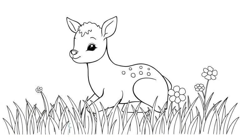 Un faon mignon dans un color panel de livre de coloriage, couché dans l'herbe avec des fleurs.