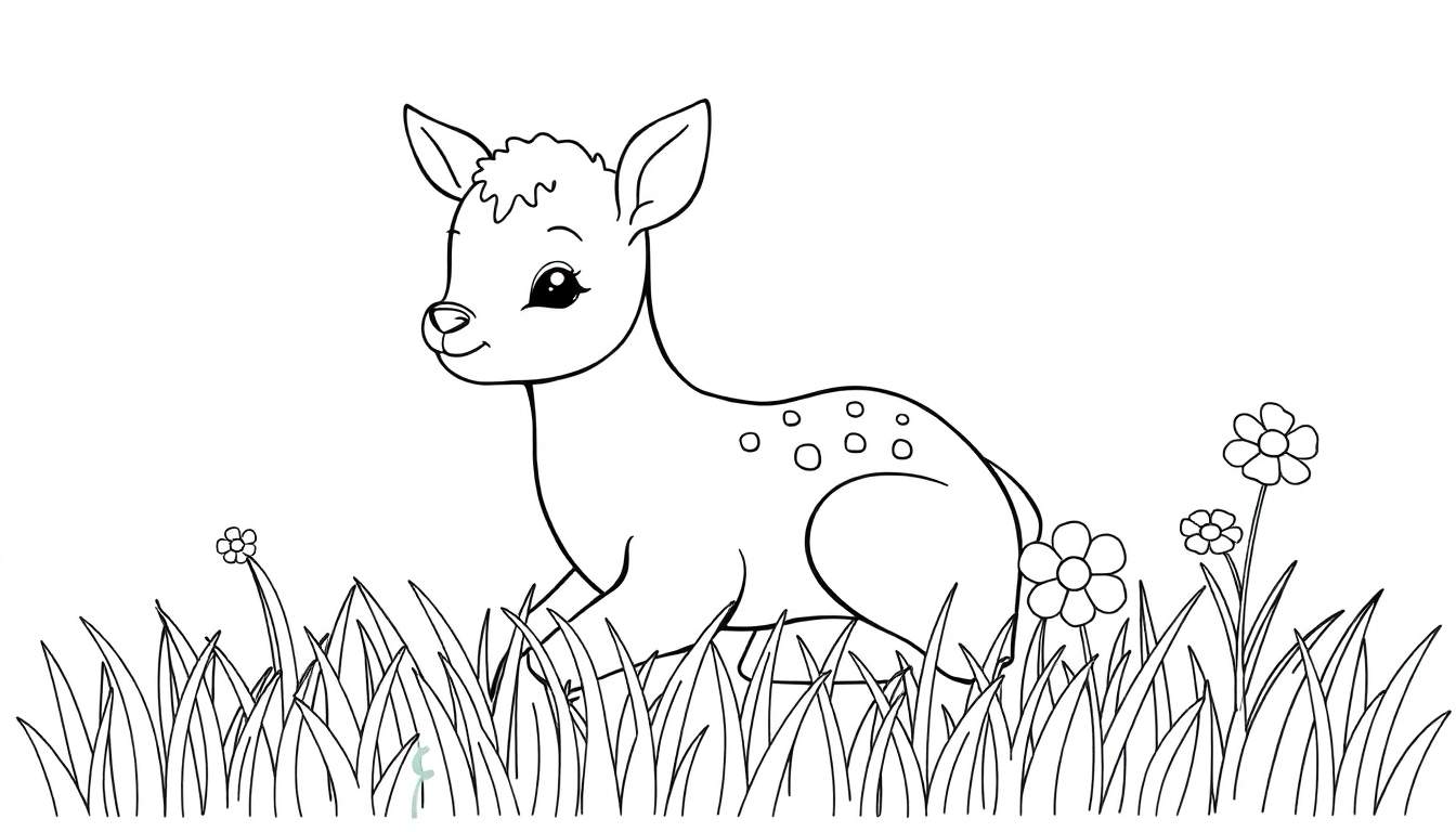 Un faon mignon dans un color panel de livre de coloriage, couché dans l'herbe avec des fleurs.