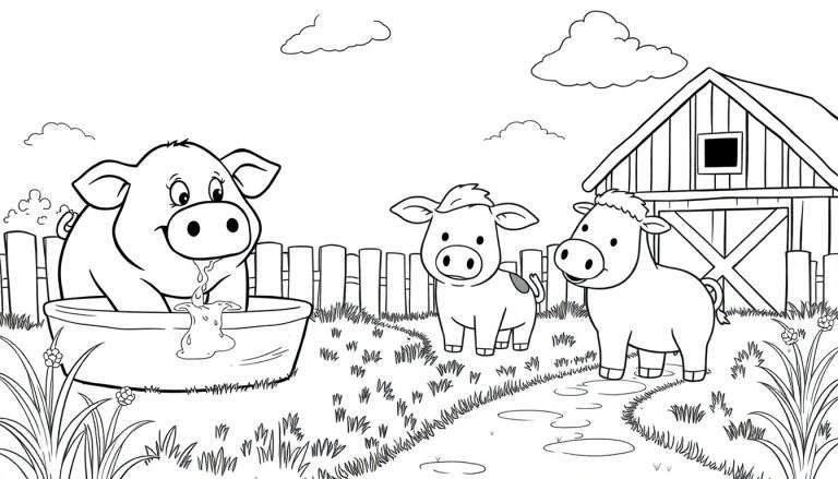 Un dessin au trait d'une ferme avec un cochon dans une baignoire et deux veaux devant une clôture.