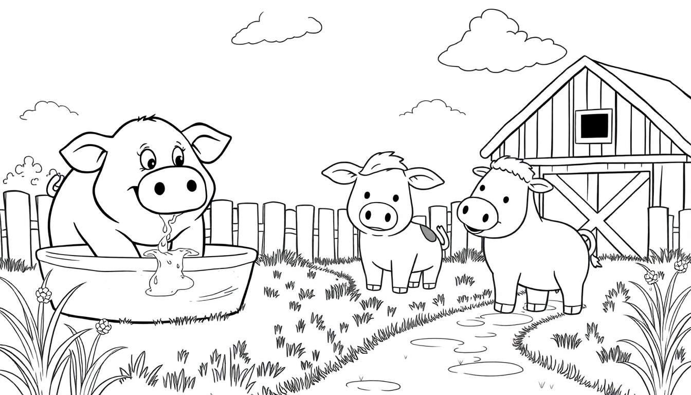 Un dessin au trait d'une ferme avec un cochon dans une baignoire et deux veaux devant une clôture.