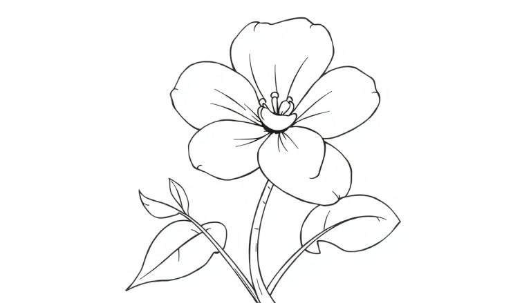 Un dessin au trait d'une fleur joyeuse avec des pétales ouverts, sur une tige double avec deux feuilles, comme un color panel d'un livre de coloriage.