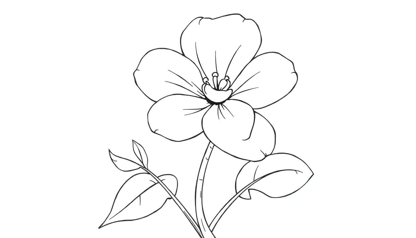 Un dessin au trait d'une fleur joyeuse avec des pétales ouverts, sur une tige double avec deux feuilles, comme un color panel d'un livre de coloriage.