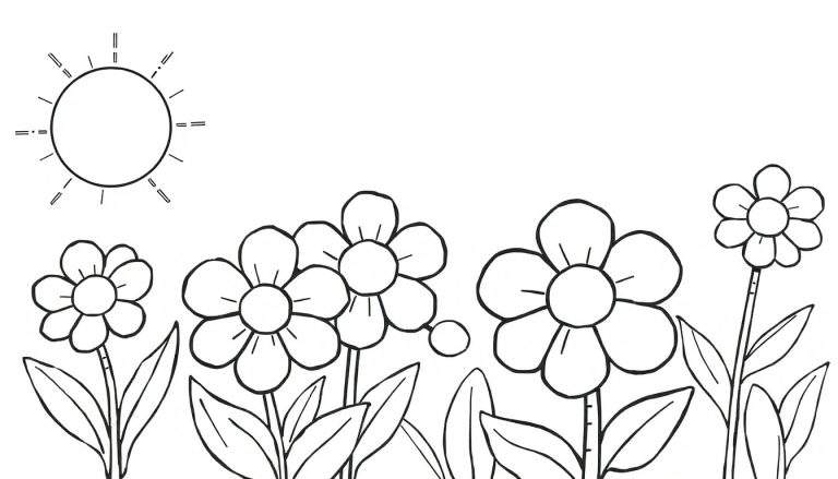 Dessin au trait d'un paysage ensoleillé avec des fleurs et un soleil, style enfantin pour colorier. Ce color panel est prêt à être personnalisé.