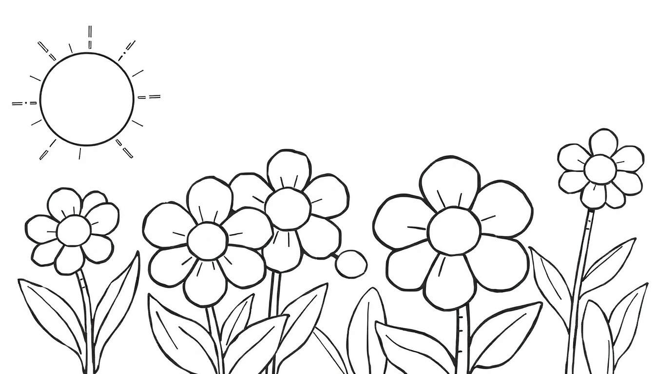 Dessin au trait d'un paysage ensoleillé avec des fleurs et un soleil, style enfantin pour colorier. Ce color panel est prêt à être personnalisé.