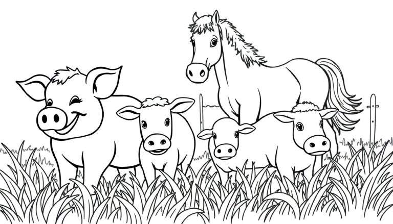 Un dessin au trait de style caricatural montrant un cochon souriant, trois veaux et un cheval dans un pré verdoyant, avec une clôture au loin. Ce color panel est prêt à être colorié.