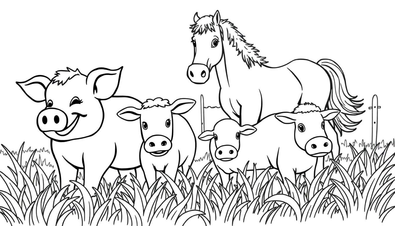 Un dessin au trait de style caricatural montrant un cochon souriant, trois veaux et un cheval dans un pré verdoyant, avec une clôture au loin. Ce color panel est prêt à être colorié.