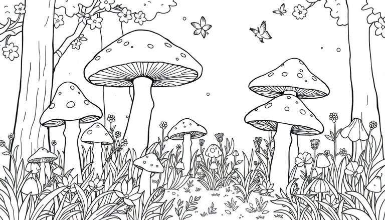 Un dessin au trait détaillé d'une forêt fantaisiste avec des champignons et des fleurs, un papillon et un oiseau.