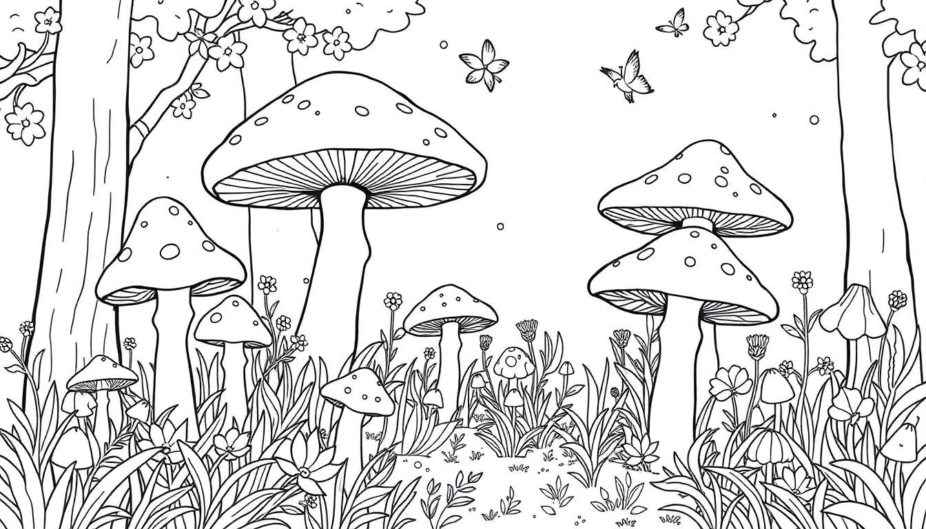 Un dessin au trait détaillé d'une forêt fantaisiste avec des champignons et des fleurs, un papillon et un oiseau.