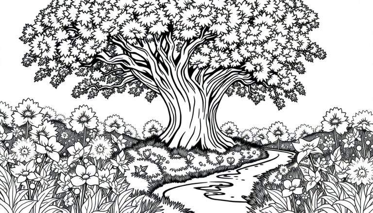 Un grand arbre magique avec des fleurs étoilées et un chemin sinueux entouré de plantes dans un style livre de coloriage.