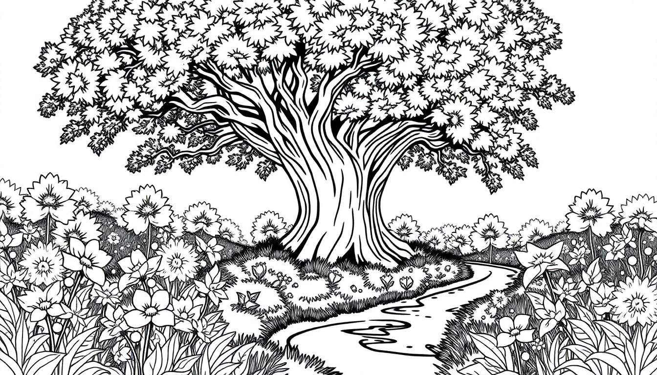 Un grand arbre magique avec des fleurs étoilées et un chemin sinueux entouré de plantes dans un style livre de coloriage.