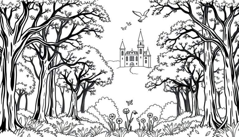 Forêt enchantée avec château et papillons en dessin au trait noir et blanc.