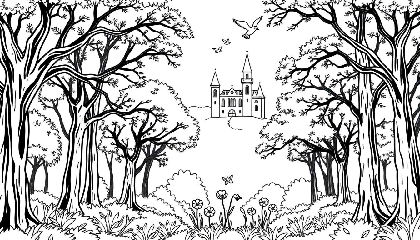 Forêt enchantée avec château et papillons en dessin au trait noir et blanc.
