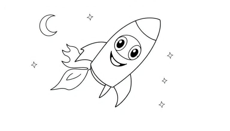 Un dessin au trait de fusée de dessin animé souriante avec la lune et des étoiles, prêt pour le color panel.