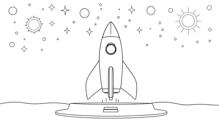 Dessin au trait noir et blanc d'une fusée sur une plateforme de lancement entourée d'étoiles et de planètes, prêt pour le color panel.