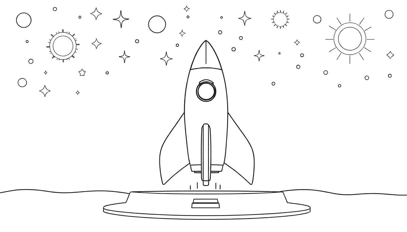 Dessin au trait noir et blanc d'une fusée sur une plateforme de lancement entourée d'étoiles et de planètes, prêt pour le color panel.