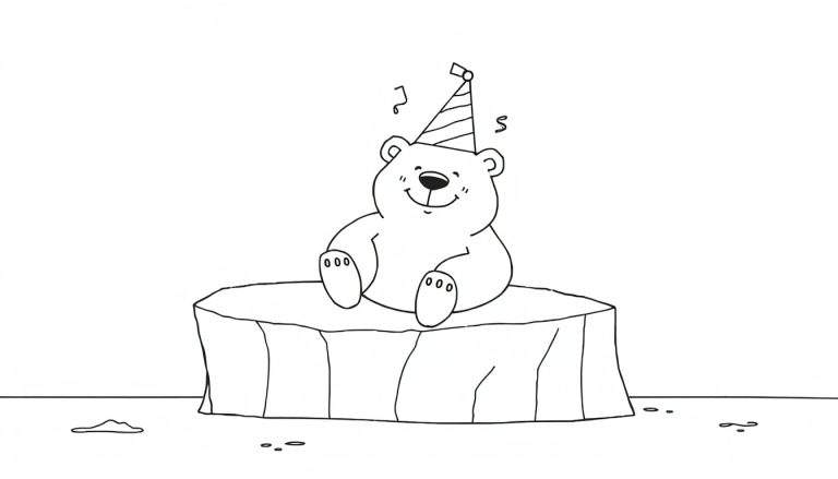Un ours polaire souriant portant un chapeau de fête et des notes de musique flottant, assis sur un iceberg avec des morceaux de glace autour.