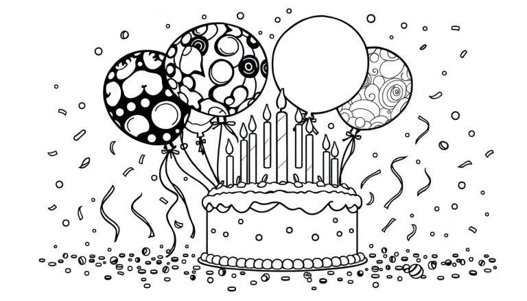Une illustration en noir et blanc de couleur d'une fête d'anniversaire avec un gâteau à étages, des ballons et des confettis.