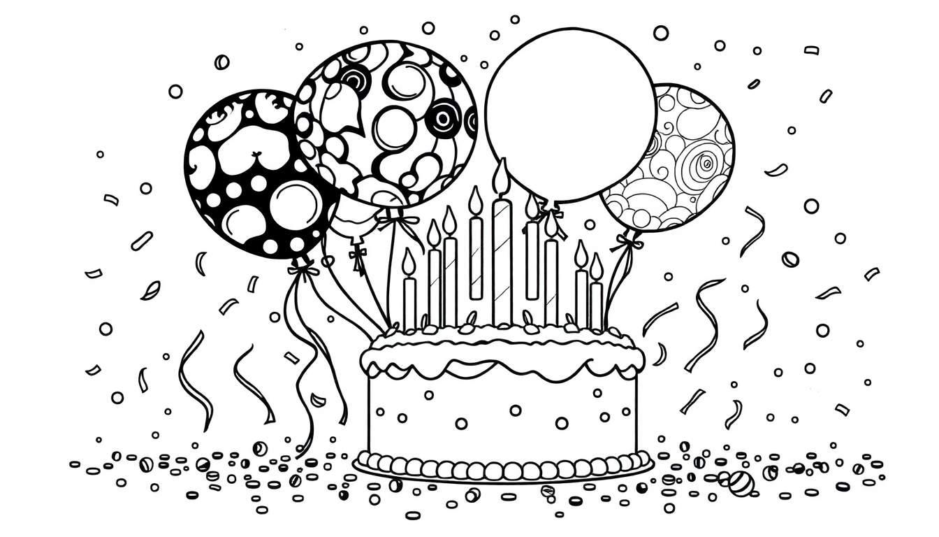 Une illustration en noir et blanc de couleur d'une fête d'anniversaire avec un gâteau à étages, des ballons et des confettis.