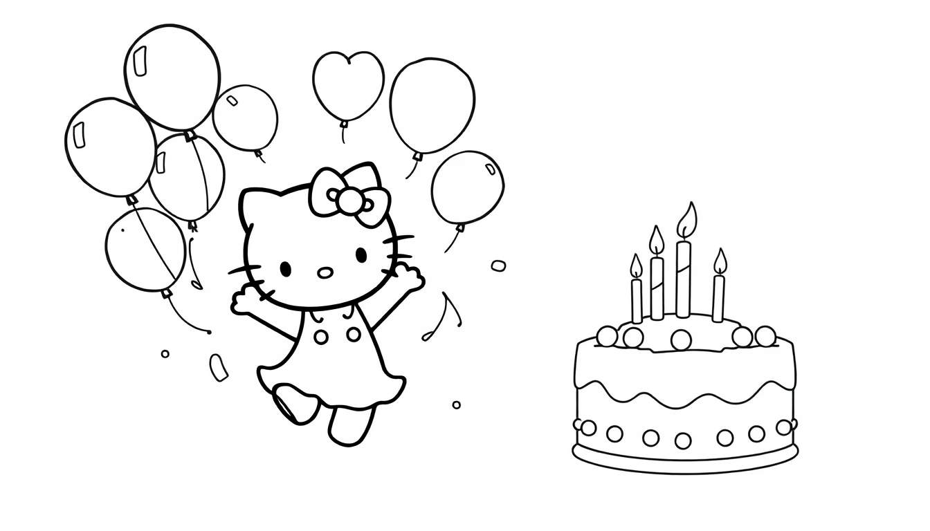 Illustration en noir et blanc de Hello Kitty célébrant avec des ballons et un gâteau d'anniversaire, style coloriage.