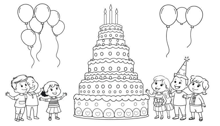 Une illustration en noir et blanc d'une fête d'anniversaire avec un gâteau à plusieurs étages et des enfants souriants.