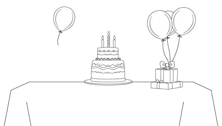 Table de fête en noir et blanc avec gâteau, cadeaux et ballons, prête à être coloriée.
