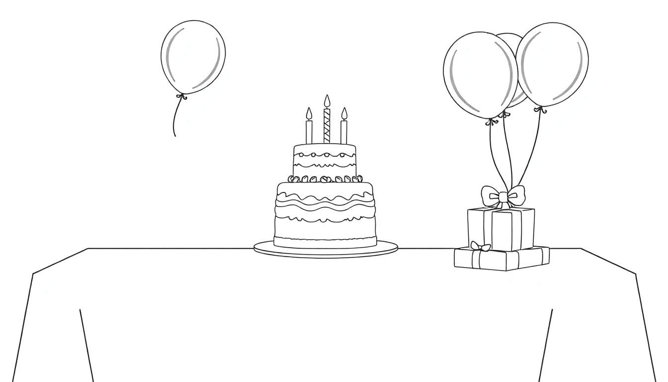 Table de fête en noir et blanc avec gâteau, cadeaux et ballons, prête à être coloriée.