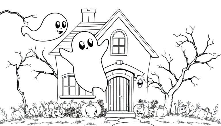 Un gentil fantôme farceur fait des bulles colorées devant une maison d'Halloween effrayante avec une citrouille souriante, parfait pour un color panel.