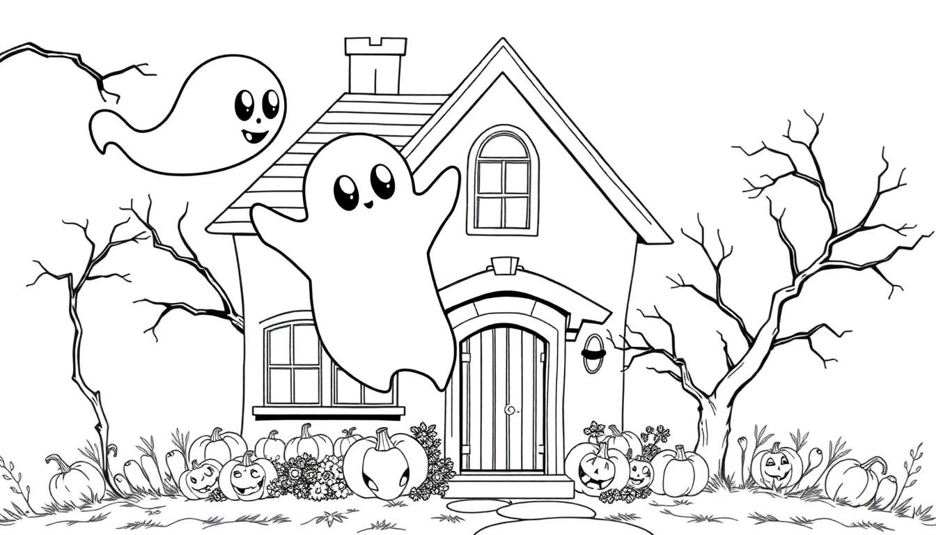 Un gentil fantôme farceur fait des bulles colorées devant une maison d'Halloween effrayante avec une citrouille souriante, parfait pour un color panel.