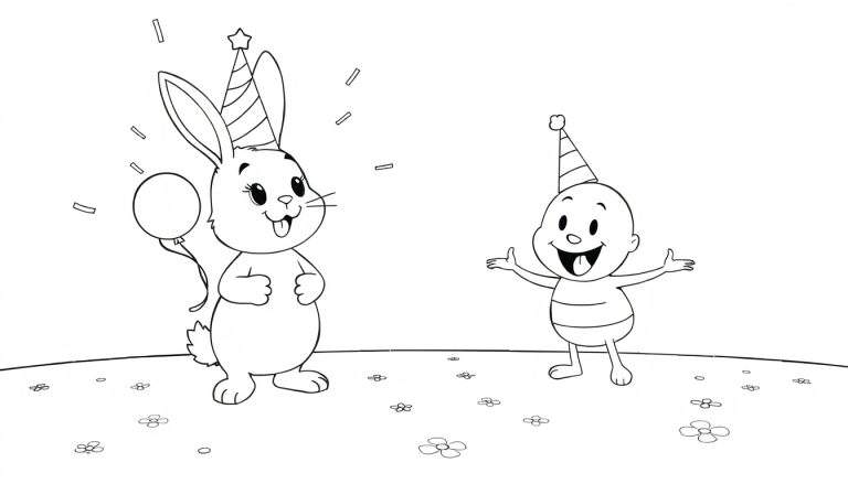 Un lapin et un bébé joyeux fêtant un anniversaire dans un champ fleuri, color panel.