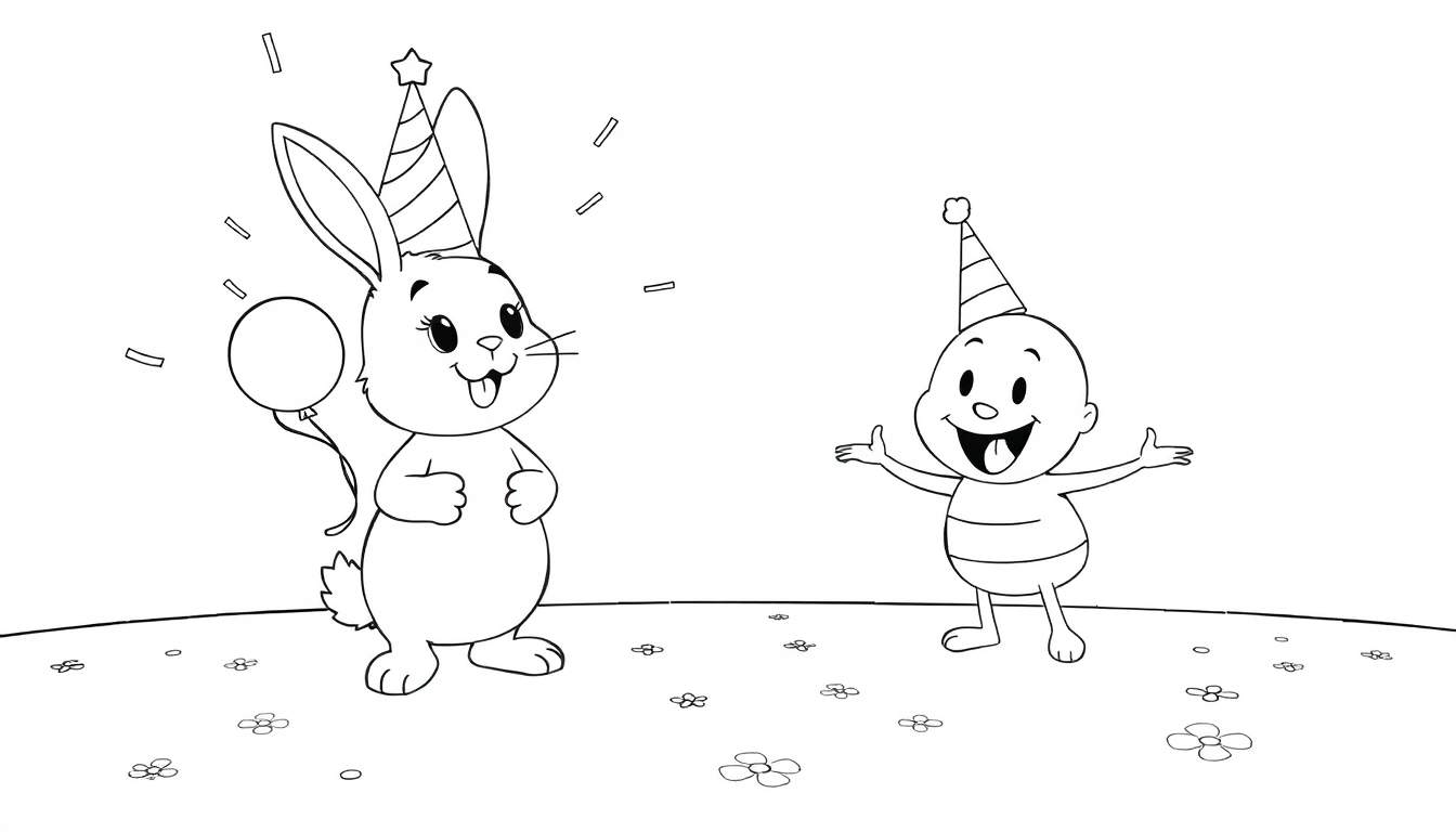 Un lapin et un bébé joyeux fêtant un anniversaire dans un champ fleuri, color panel.