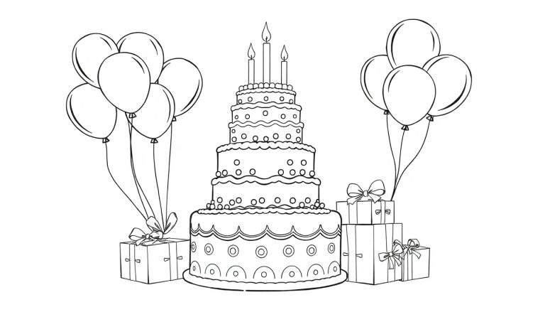 Un gâteau d'anniversaire à étages avec des bougies, des ballons et des cadeaux, prêt à être colorié sur ce panneau coloré.