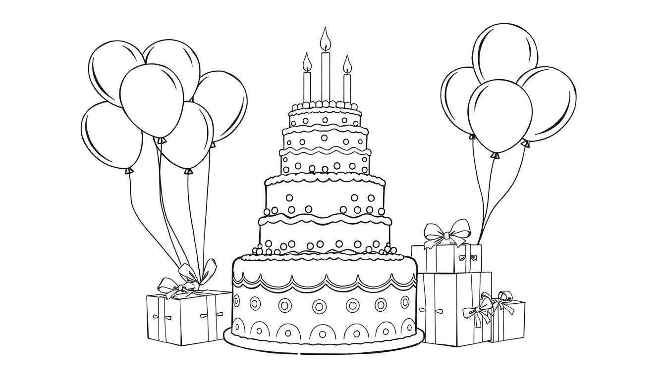 Un gâteau d'anniversaire à étages avec des bougies, des ballons et des cadeaux, prêt à être colorié sur ce panneau coloré.
