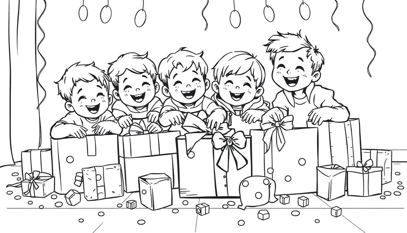 Un dessin au trait en noir et blanc de cinq garçons joyeux ouvrant des cadeaux de Noël colorés, avec des ballons et des serpentins, faisant partie d'un color panel.