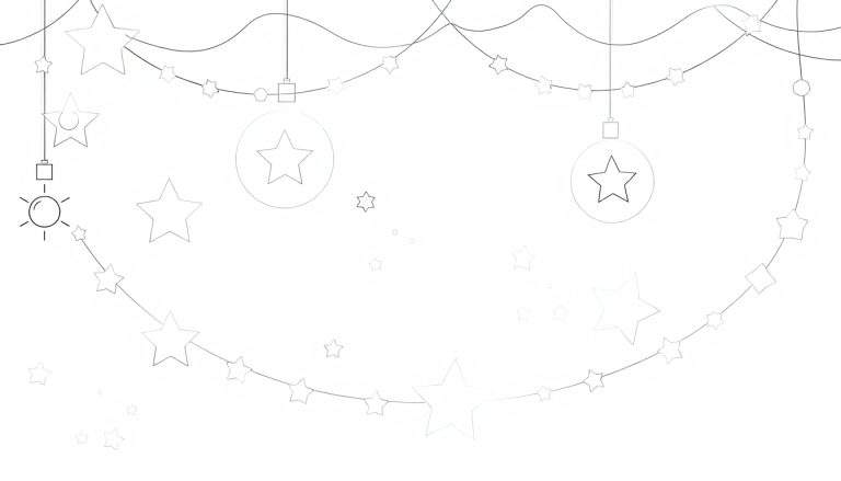 Dessin au trait noir et blanc de guirlandes festives, d'étoiles et de décorations sphériques, un color panel pour des créations joyeuses.