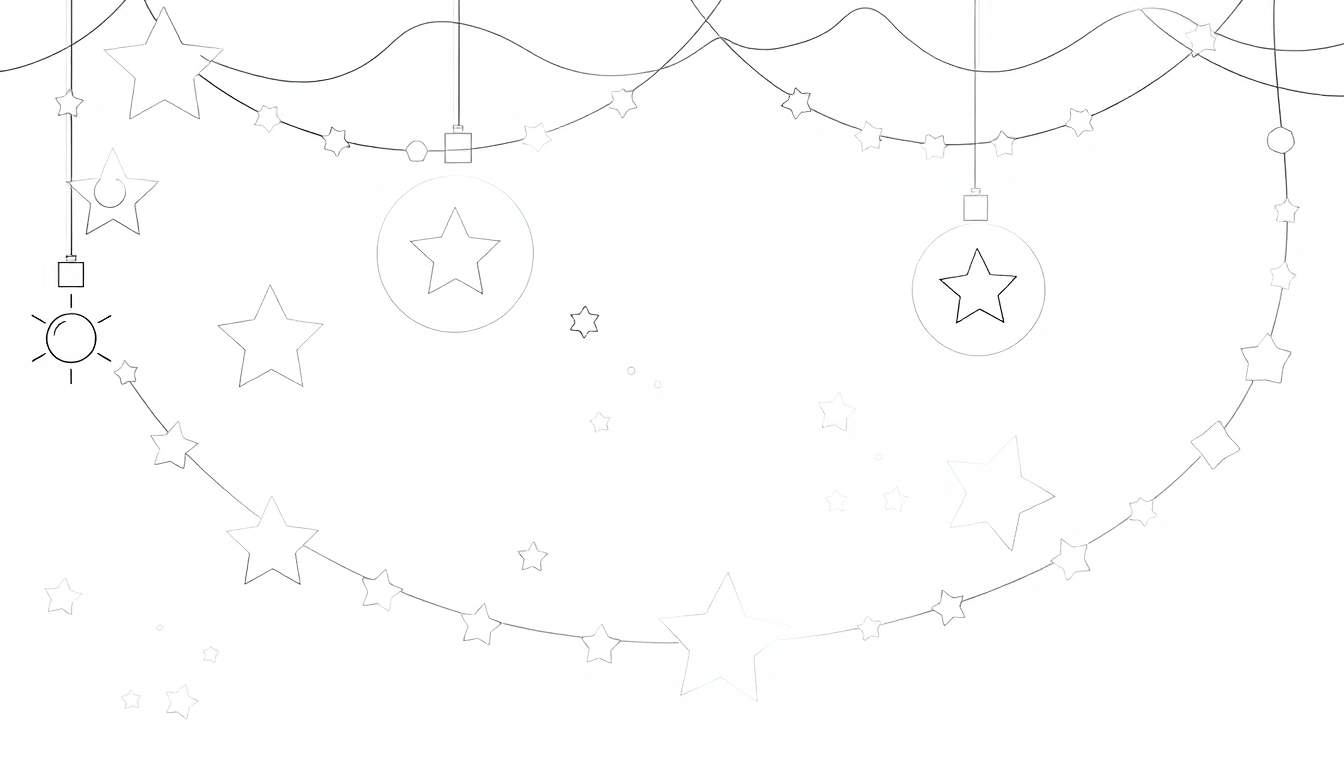 Dessin au trait noir et blanc de guirlandes festives, d'étoiles et de décorations sphériques, un color panel pour des créations joyeuses.