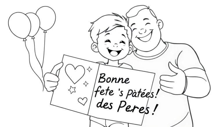 Un père joyeux reçoit une carte de fête des pères de son enfant, avec des ballons flottant en arrière-plan.
