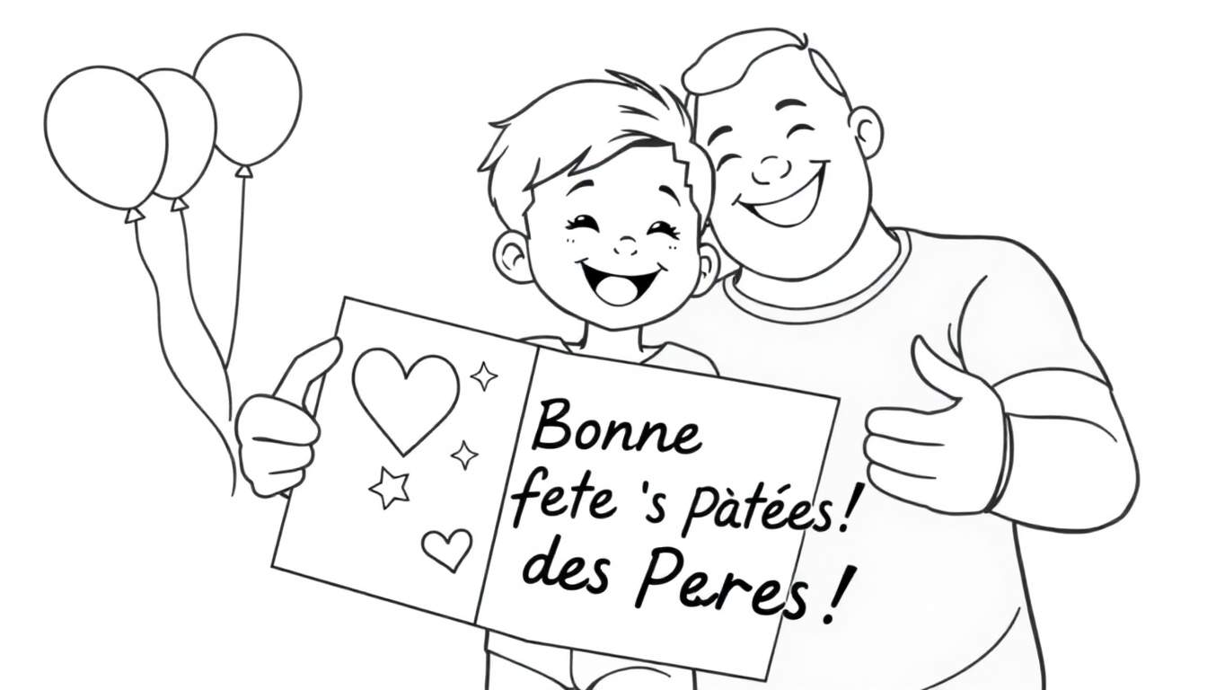 Un père joyeux reçoit une carte de fête des pères de son enfant, avec des ballons flottant en arrière-plan.