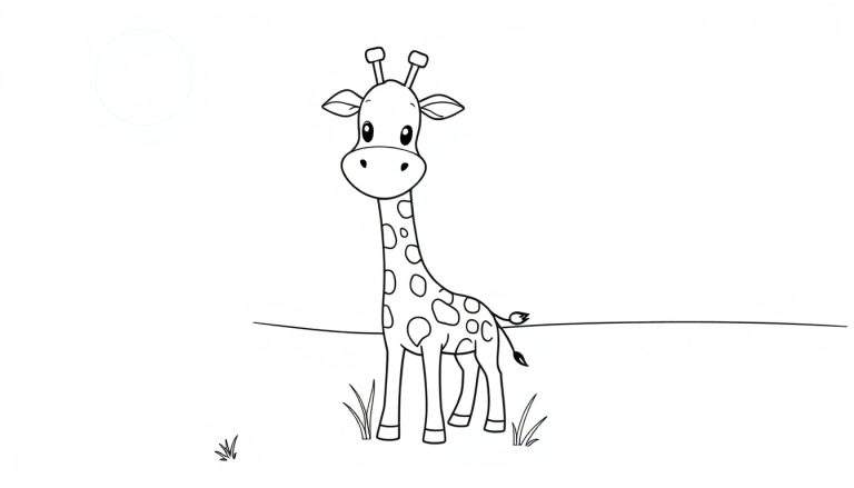 Dessin au trait d'une girafe mignonne souriante dans la savane, avec des contours simples pour un panneau de coloriage.