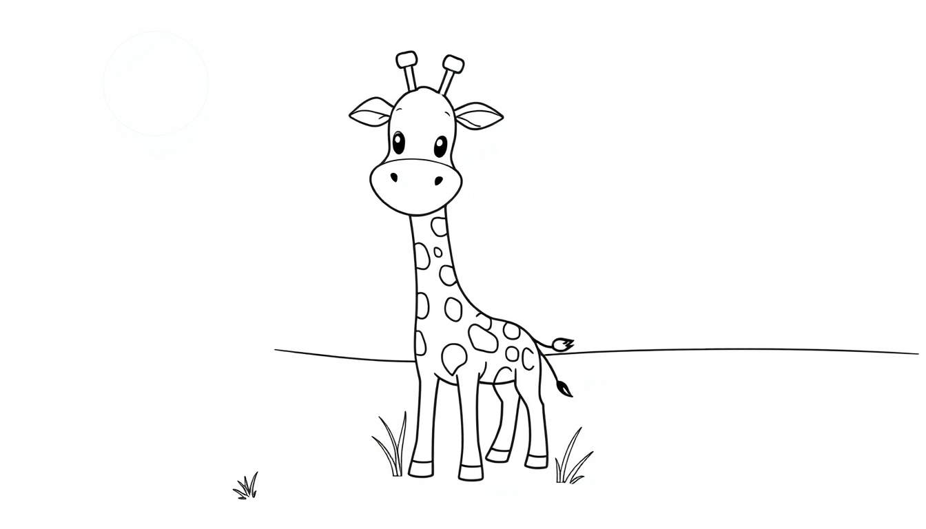 Dessin au trait d'une girafe mignonne souriante dans la savane, avec des contours simples pour un panneau de coloriage.