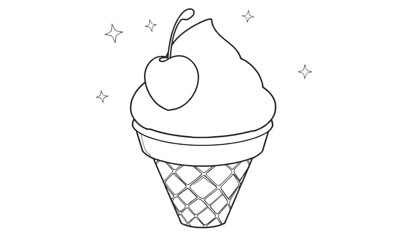 Dessin au trait d'une glace dans un cornet avec une cerise, des étoiles scintillantes et un cornet en forme de losanges, parfait pour un color panel.