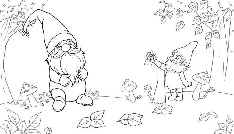 Deux gnomes dans une forêt avec des champignons et des fleurs, prêt pour un color panel.