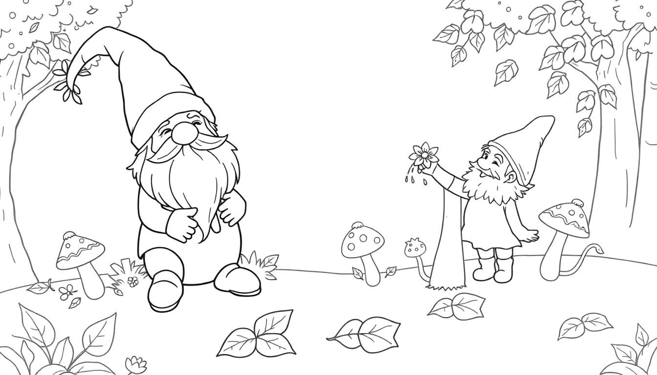 Deux gnomes dans une forêt avec des champignons et des fleurs, prêt pour un color panel.
