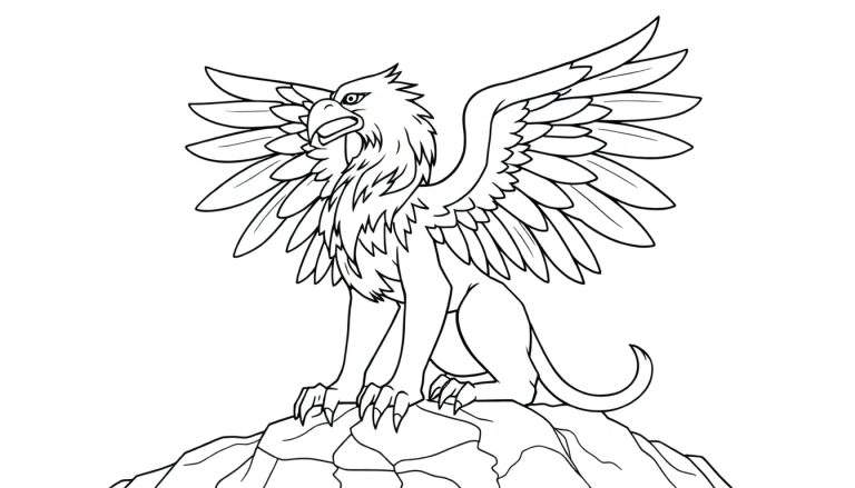 Un griffon en noir et blanc sur un rocher, ailes déployées, prêt pour le coloriage.