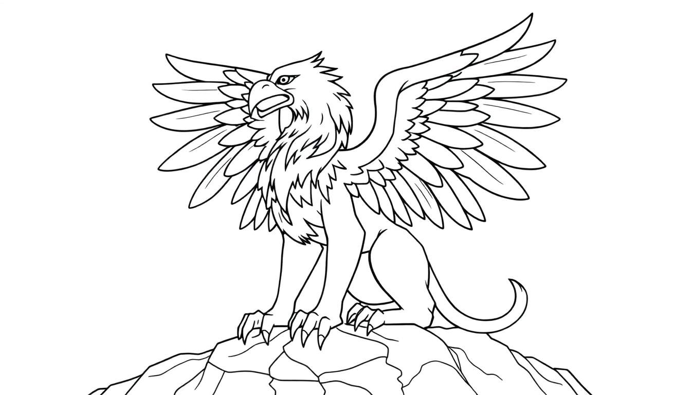 Un griffon en noir et blanc sur un rocher, ailes déployées, prêt pour le coloriage.