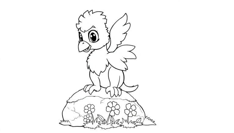 Un petit griffon de dessin animé avec une expression maussade perché sur un rocher fleuri, prêt à être coloré dans un color panel.