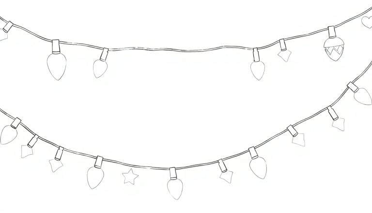 Dessin au trait de guirlandes lumineuses avec des ampoules, des étoiles, des cœurs et des glands.